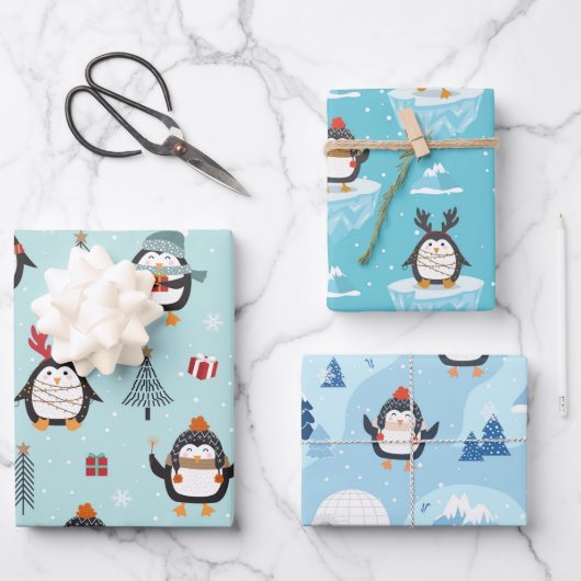 Niedliche Winterpinguine in drei Mustern Geschenkpapier Set (Vorderseite)