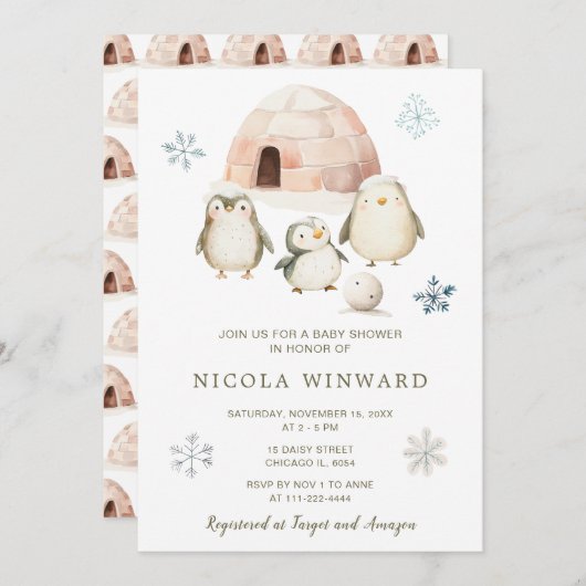 Niedliche Winterpinguine Kinderdusche Einladung (Vorne/Hinten)