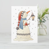 Niedliche Winterschneefrau mit Lattern Einladung (Stehend Vorderseite)