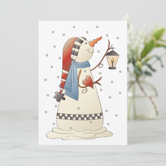Niedliche Winterschneefrau mit Lattern Einladung (Stehend Vorderseite)