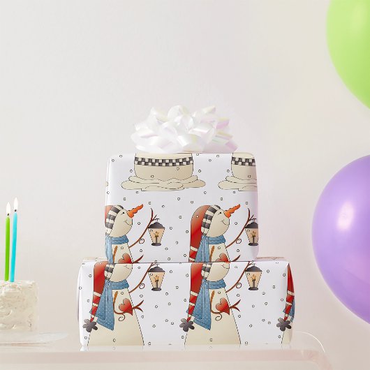 Niedliche Winterschneefrau mit Lattern Geschenkpapier