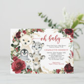 Niedliche Wintertiere Burgund Blumengrün Baby Einladung (Stehend Vorderseite)