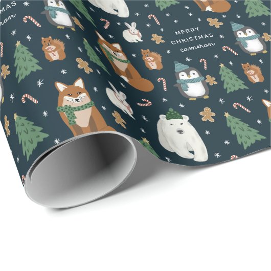 Niedliche Wintertiere Personalisiert Weihnachten Geschenkpapier (Rolleneckpunkt)
