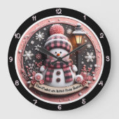 Niedliche Winterurlaubslandschaft Snowman Große Wanduhr (Vorderseite)