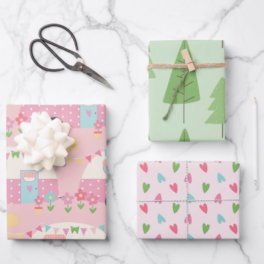 Niedliche Wohnwagen Bäume und gemustertes Herz Geschenkpapier Set (Vorderseite)