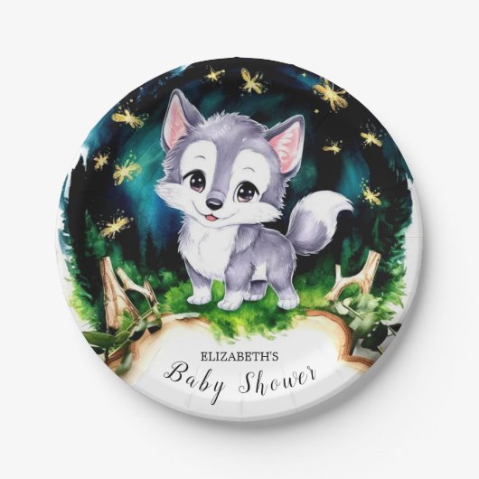 Niedliche Wolf-Babydusche Pappteller (Vorderseite)