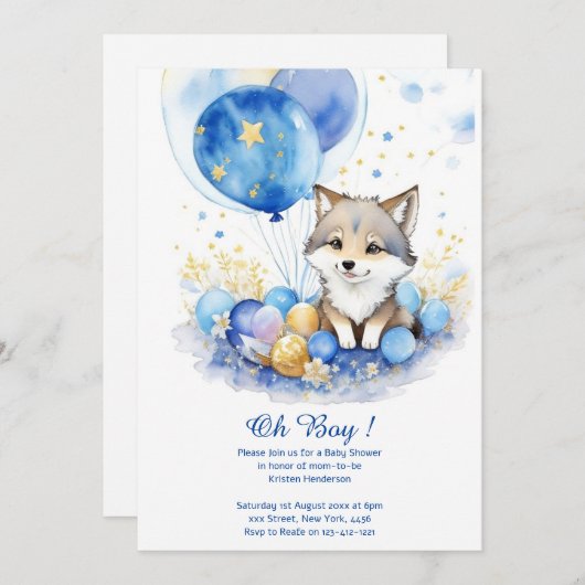 Niedliche Wolf Watercolor Boy Kinderdusche Einladu Einladung (Vorne/Hinten)