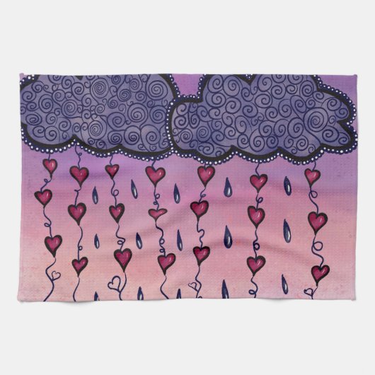 Niedliche Wolken, Herzen und Regentropfen Geschirrtuch (Horizontal)
