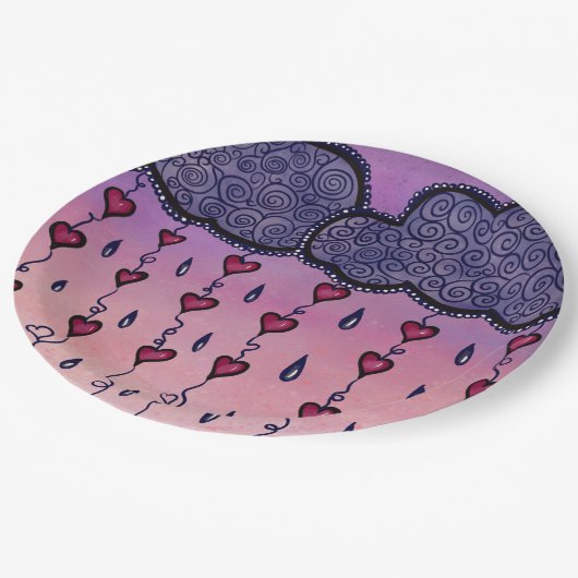 Niedliche Wolken, Herzen und Regentropfen Pappteller (Schrägansicht)