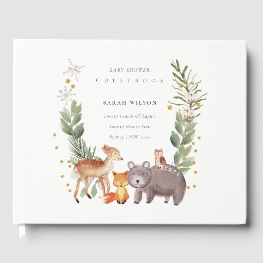 Niedliche Woodland Animal Leafy Wreath Baby Dusche Gästebuch (Vorderseite)