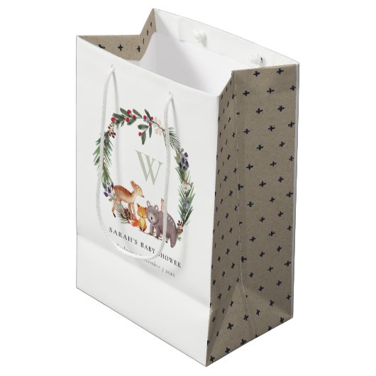 Niedliche Woodland Animal Leafy Wreath Baby Dusche Mittlere Geschenktüte (Vorderseite Schrägansicht)