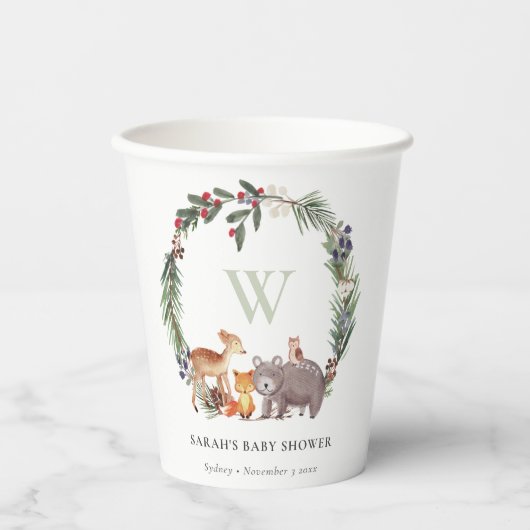 Niedliche Woodland Animal Leafy Wreath Baby Dusche Pappbecher (Vorderseite)