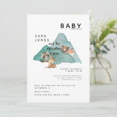 Niedliche Woodland Animals Adventure Baby Dusche Einladung (Stehend Vorderseite)