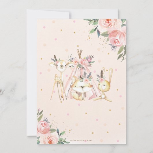 Niedliche Woodland Animals Boho Tribal Girl Babydu Einladung (Rückseite)