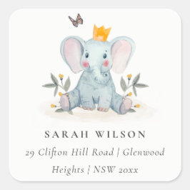 Niedliche Woodland Baby Elephant Foliage Adresse Quadratischer Aufkleber