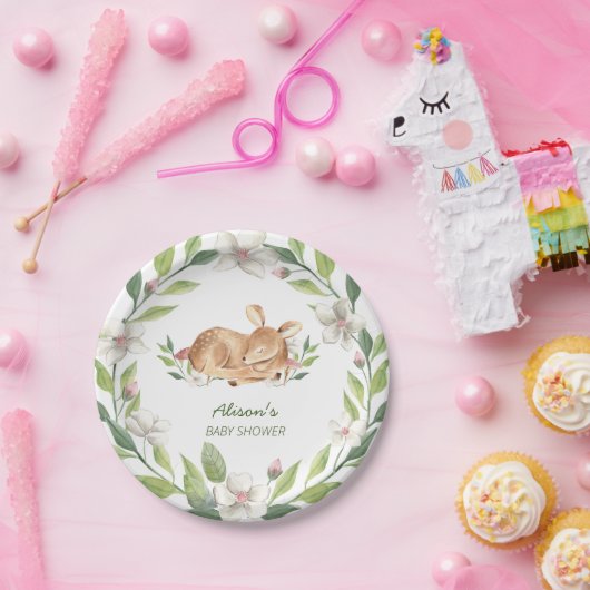 Niedliche Woodland Deer Blumengrün Kinderdusche 7" Pappteller (Party)