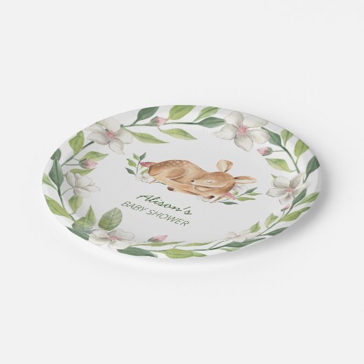Niedliche Woodland Deer Blumengrün Kinderdusche 7" Pappteller (Schrägansicht)