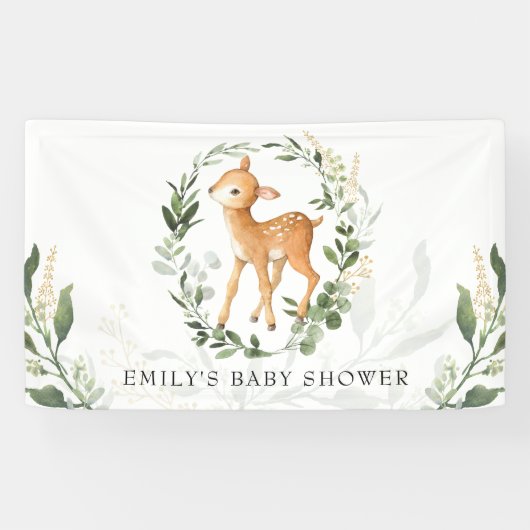 Niedliche Woodland Deer Greenery Gold Baby Dusche Banner (Horizontal)
