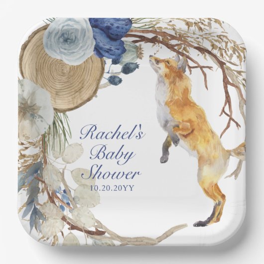 Niedliche Woodland Fox Aquarell Blütendusche Pappteller (Vorderseite)