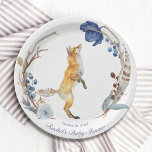 Niedliche Woodland Fox Aquarell Blütendusche Pappteller<br><div class="desc">Die niedlichen Woodland Fox Watercolor Floral Baby Shower Paper Party Teller verfügen über einen niedlichen Aquarellfuchs,  umgeben von boho Federn und Blume in blau,  grau und braun auf einem weißen Hintergrund mit Ihrem personalisierten Namen und Datum unten. Bearbeiten Sie den Text in den Textfeldern,  die zur Personalisierung bereitgestellt werden.</div>