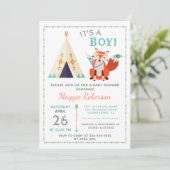 Niedliche Woodland Fox Boho Teepee Baby Dusche Einladung (Stehend Vorderseite)