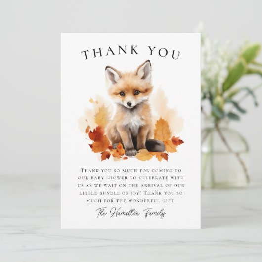 Niedliche Woodland Fox Fall Babydusche Dankeskarte (Stehend Vorderseite)