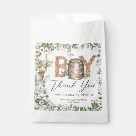 Niedliche Woodland Tiere Grüne Kinderdusche Geschenktütchen (Vorderseite)