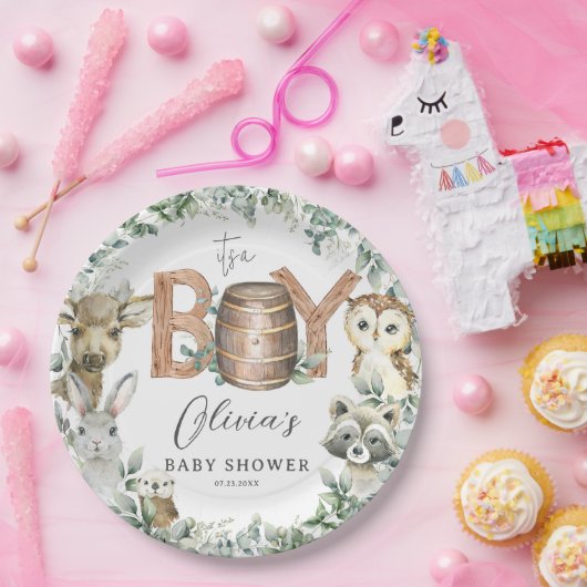 Niedliche Woodland Tiere Grüne Kinderdusche Pappteller (Party)