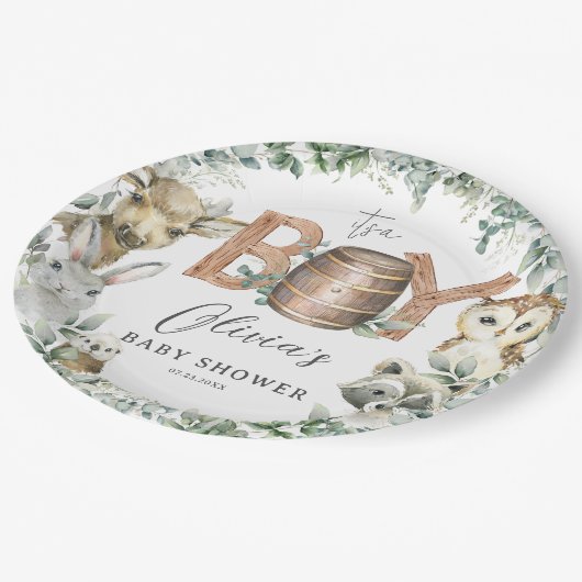 Niedliche Woodland Tiere Grüne Kinderdusche Pappteller (Schrägansicht)