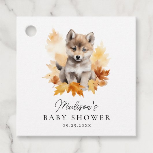 Niedliche Woodland Wolf Pup Fall Babydusche Geschenkanhänger (Vorderseite)