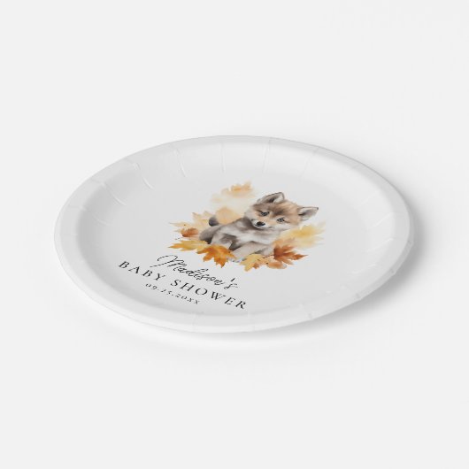 Niedliche Woodland Wolf Pup Fall Babydusche Pappteller (Schrägansicht)