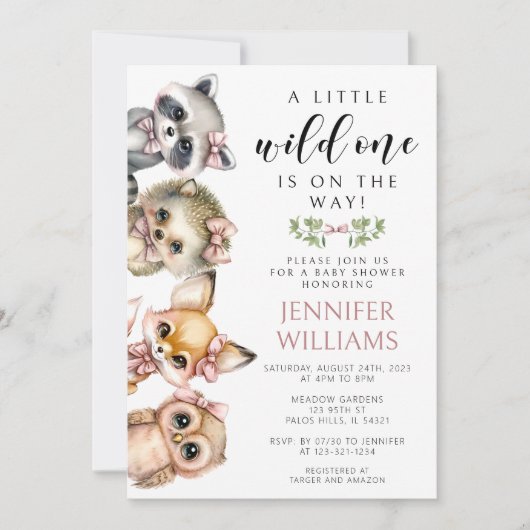 Niedliche Woodlandtiere Mädchen rosa Babydusche Einladung (Vorderseite)