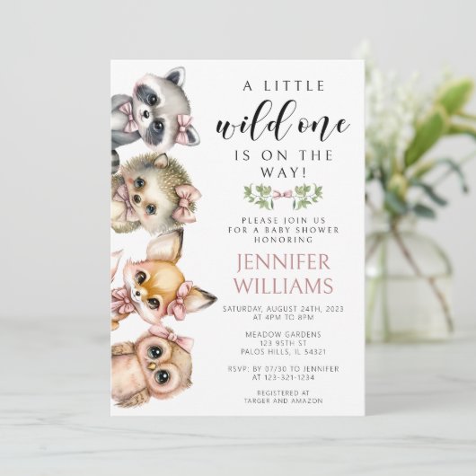 Niedliche Woodlandtiere Mädchen rosa Babydusche Einladung (Stehend Vorderseite)