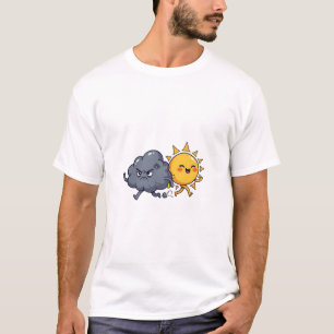 Niedliche wütende graue Regenwolke jagt glückliche T-Shirt