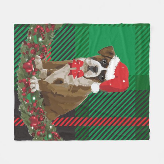 Niedliche Xmas Hunde Weihnachtsmannmütze Grün Kari Fleecedecke (Vorderseite (Horizontal))