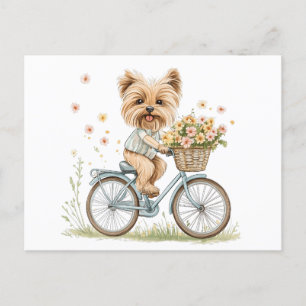 Niedliche Yorkie Dog Biking Spring Blumen Postkarte