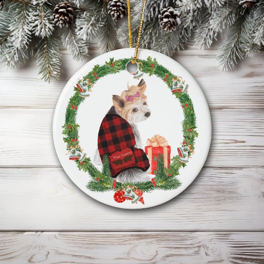 Niedliche Yorkie im Weihnachtskranz Keramik Ornament