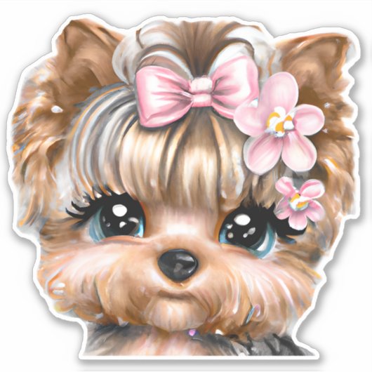 Niedliche Yorkie mit rosa Bow Aufkleber (Vorderseite)