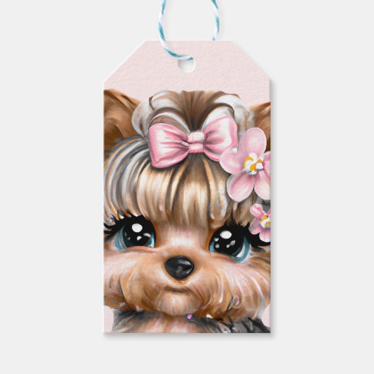 Niedliche Yorkie mit rosa Bow Geschenkanhänger (Vorderseite)