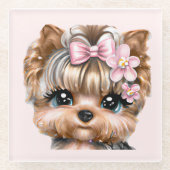 Niedliche Yorkie mit rosa Bow Glasuntersetzer (Vorderseite)