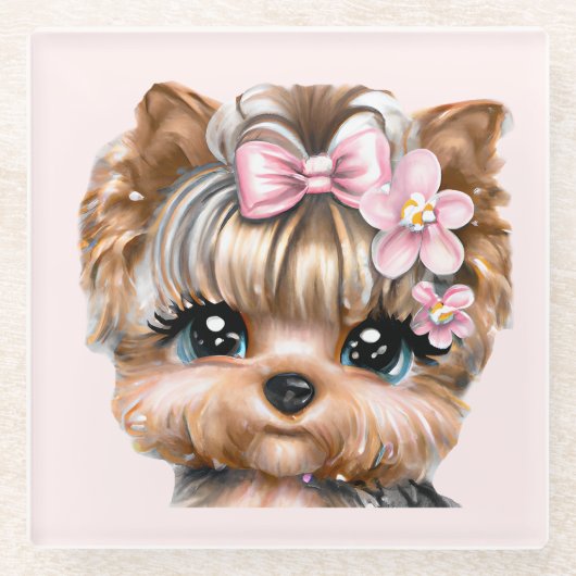 Niedliche Yorkie mit rosa Bow Glasuntersetzer (Vorderseite)