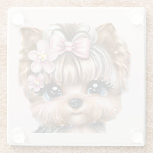 Niedliche Yorkie mit rosa Bow Glasuntersetzer (Rückseite)