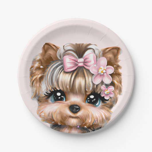 Niedliche Yorkie mit rosa Bow Pappteller (Vorderseite)