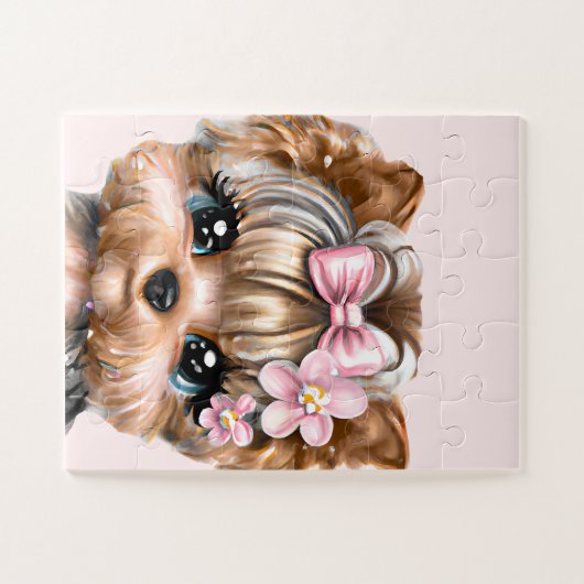 Niedliche Yorkie mit rosa Bow Puzzle (Horizontal)