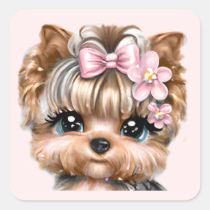 Niedliche Yorkie mit rosa Bow Quadratischer Aufkleber