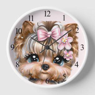 Niedliche Yorkie mit rosa Bow Uhr