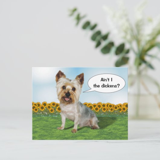 Niedliche Yorkie mit Sonnenblumen Postkarte (Stehend Vorderseite)