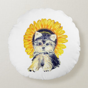 Niedliche Yorkie Puppy Dog & Sonnenblume auf Weiß Rundes Kissen