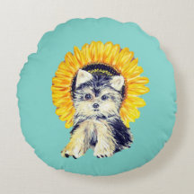 Niedliche Yorkie Puppy Dog & Sunflower auf Aquamar