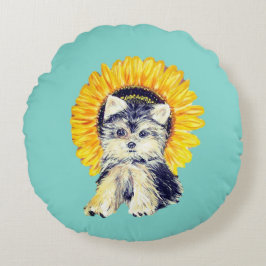 Niedliche Yorkie Puppy Dog & Sunflower auf Aquamar Rundes Kissen